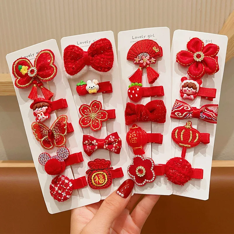 4-8pcs/set  Children Red Hair Accessories Girls New Year Hair Clips Flower Bow Style Red Hairpins Headwear Kids