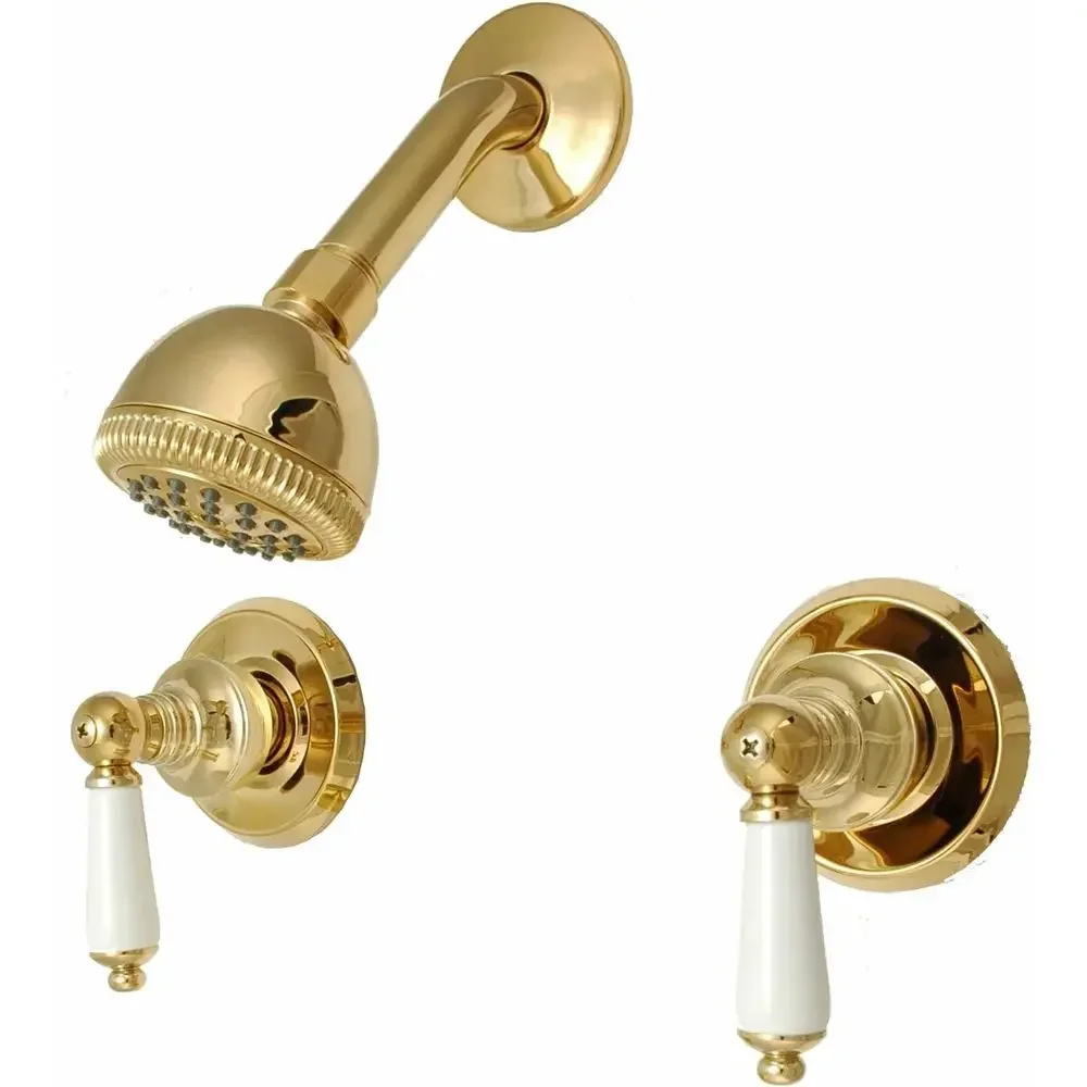 8 Polished Brass Two-Handle Shower Faucet with Porcelain Lever Handles - Model 34589PVD