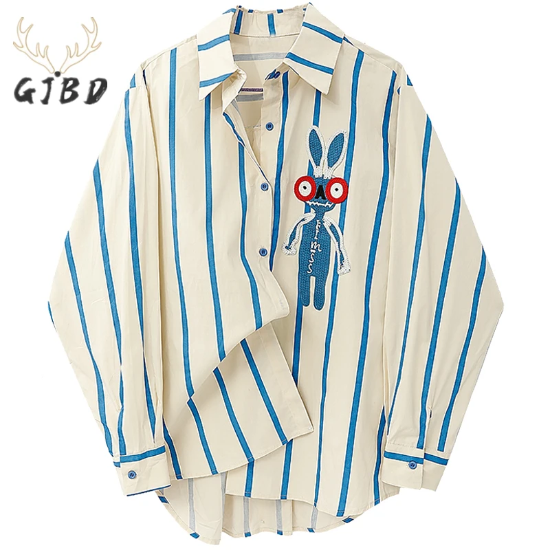 Women\'s Blue Stripe Shirts Polo Collar Rabbit Embroidery Long Sleeves Vintage Casual Fashion Baggy Ladies Blouse Tops Spring