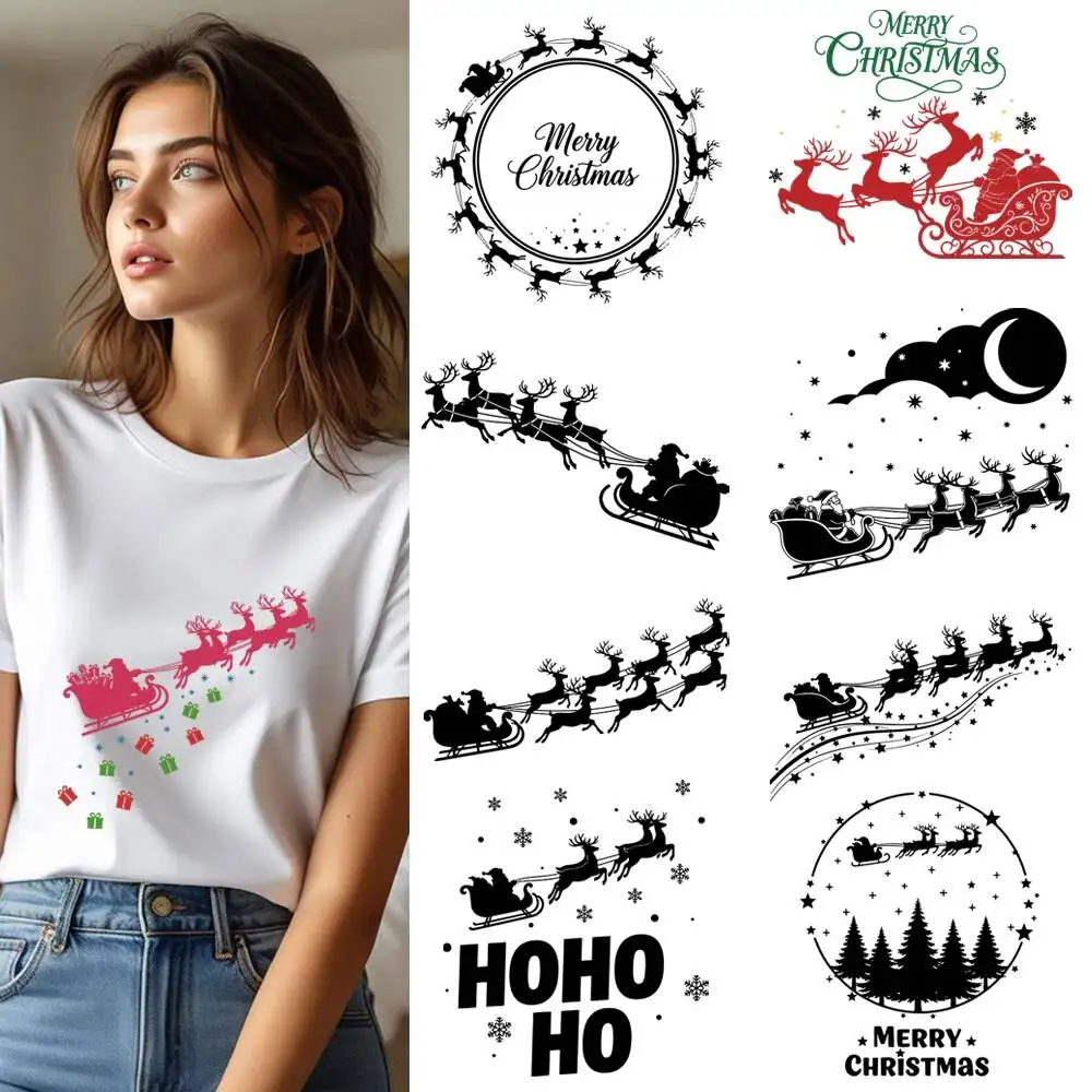 25CM Santa Sleigh & Reindeer Christmas Deer Heat Transfer Patches For Clothes DIY A-Level Washable Shirt Iron-on Thermal Sticker