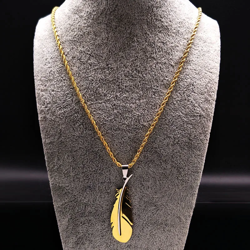 Hip Hop Feather Stainless Steel Long Necklace for Men Gold Color Male Chain Necklace Jewelry Gift colar masculino N1039-QKCS02