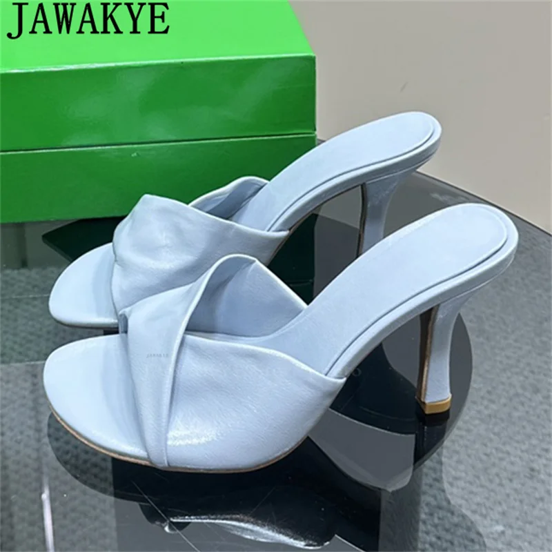 

JAWAKYE Round Open Toe Thin High Heel Slippers Women Real Leather Luxury Mules Slippers Summer Sexy Banquet Party Shoes Woman