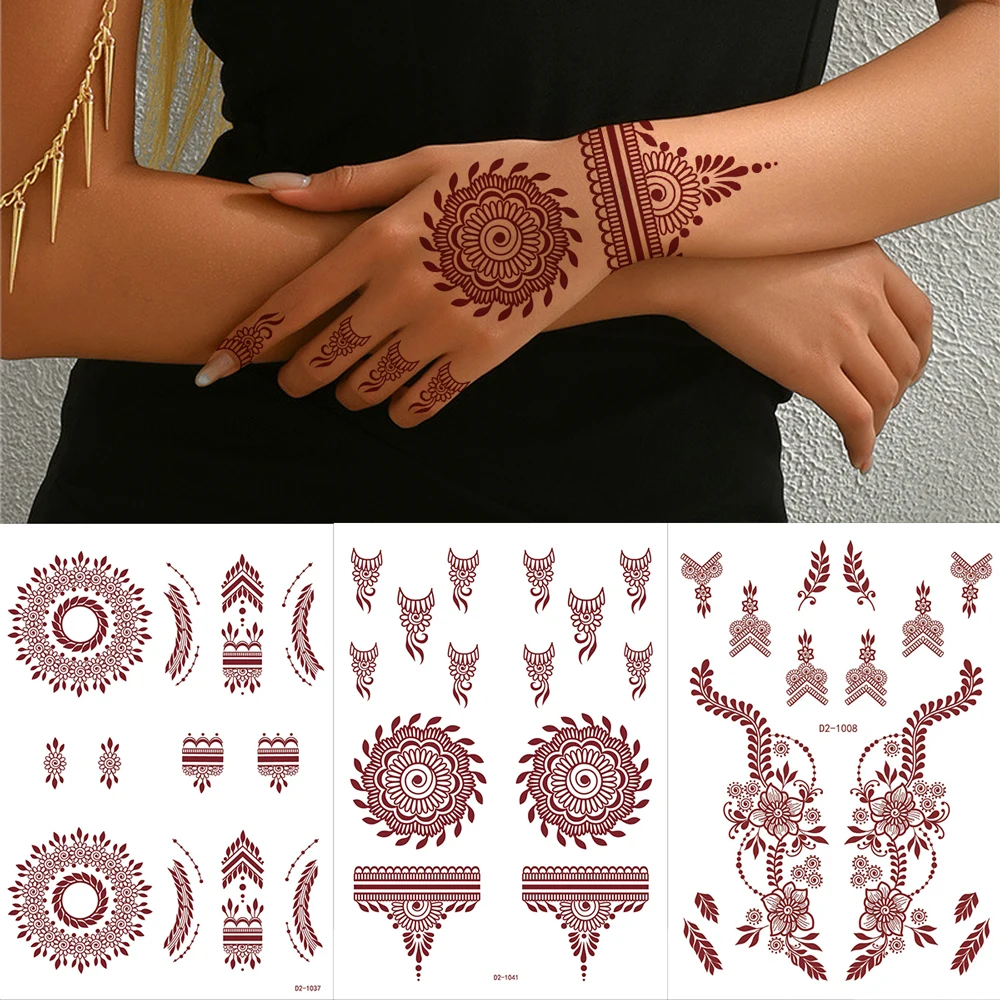 

Водостойкие коричневые татуировки хной, наклейки для рук, темно-бордовые красные татуировки хной для женщин, временные поддельные татуировки Менди