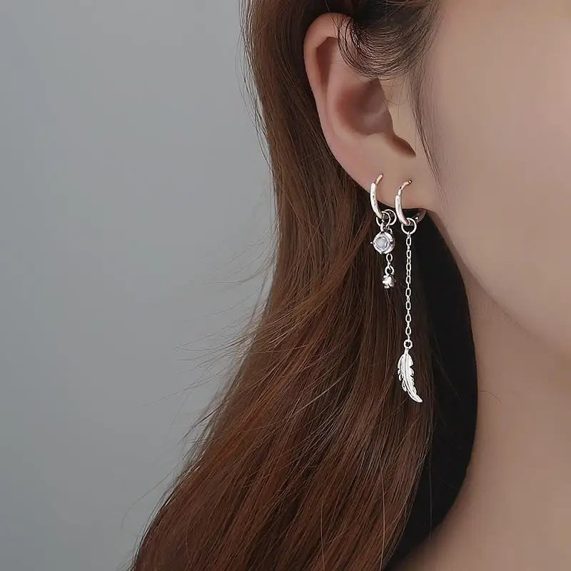 

S925 Silver Asymmetrical Moonlight Stone Feather Earrings for Women Design Sense Fringe Long Temperament Korean Earrings