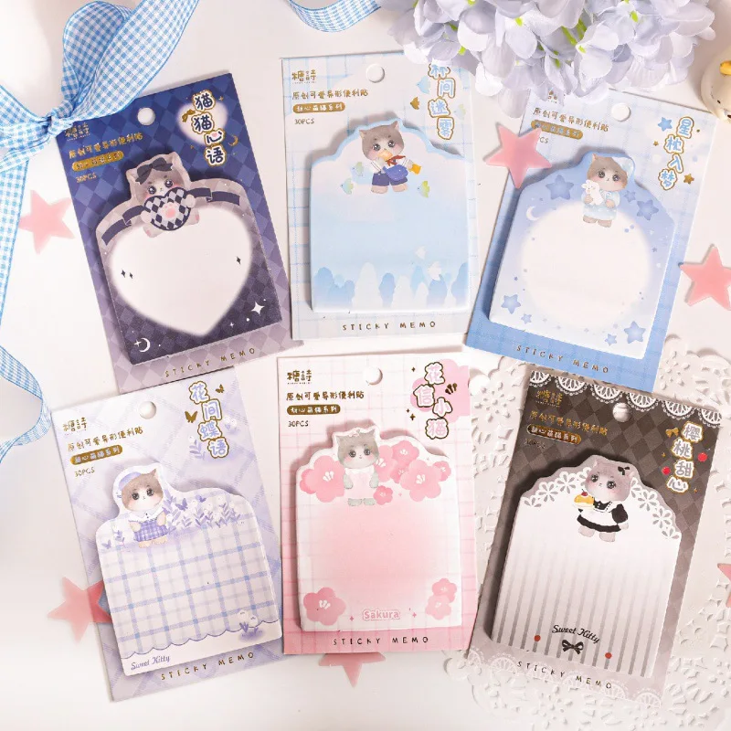 30pcs Sweetheart Cute Cat Series Sticky Notes, Cute Cartoon Cat Message Note Sticky Notes
