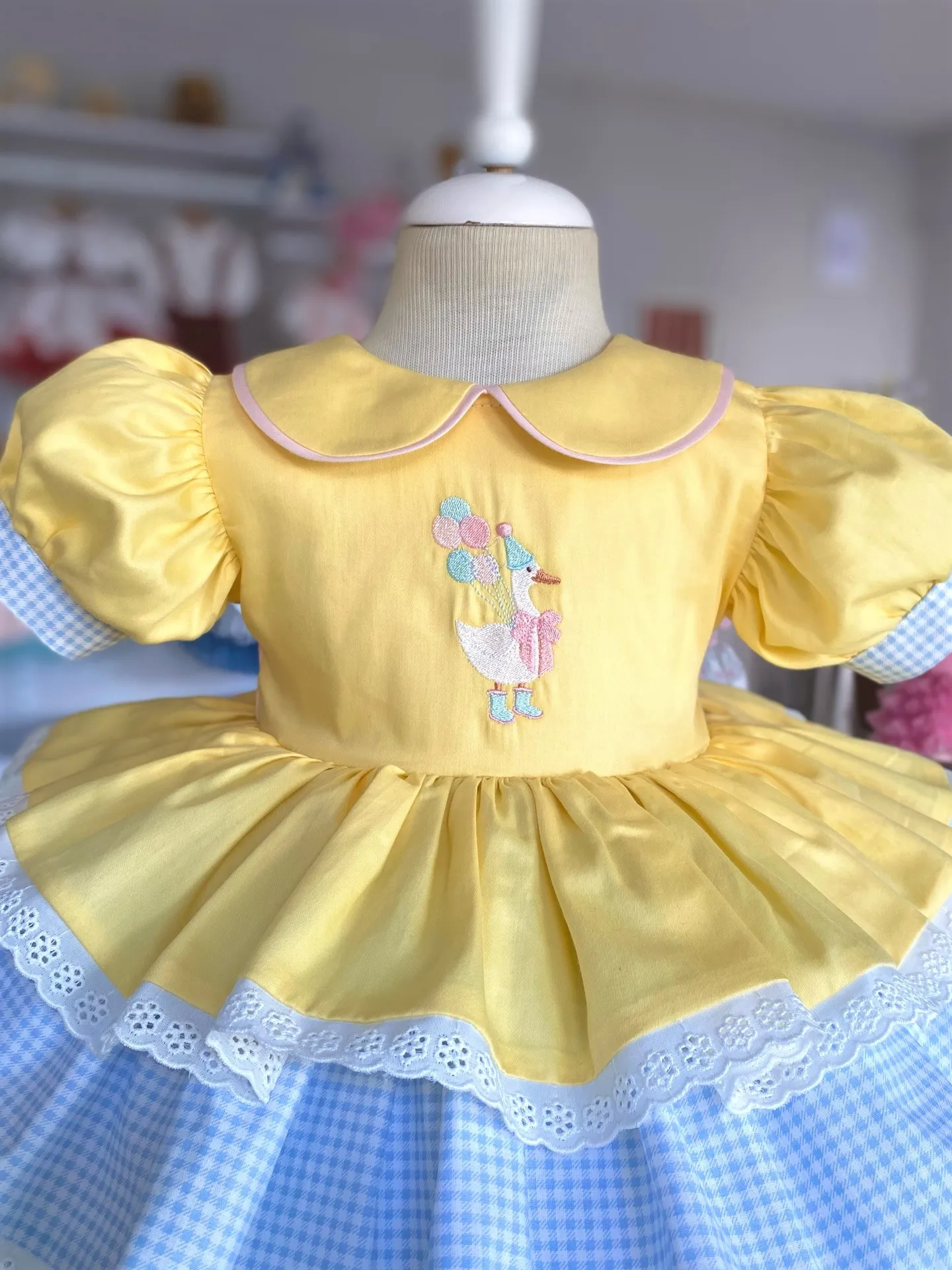 Summer Girl Cute Balloon Duck Embroidered Pink Bow Yellow Blue Grid Dress for Casual Party Birthday Wedding Photography