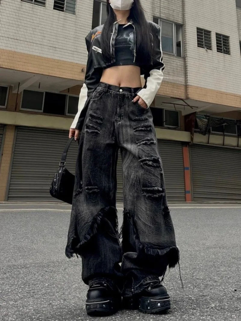 

American Vintage Y2k Aesthetic Slim Long Denim Pants Personality Spliced Hole Design Punk Jeans All Match Baggy Wide Leg Pant