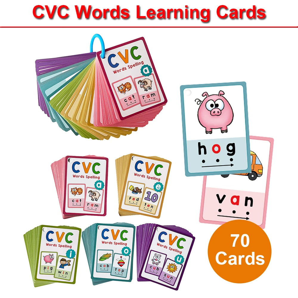 Montessori CVC Words Learning Flashcards Short Vowel Reading Letters Learning Supplies for Kindergarten Teacher Teaching Aids