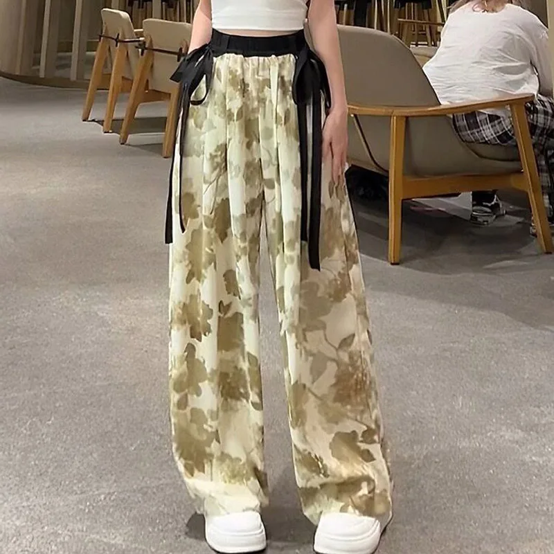 Summer Chic Style Ink Wash Ice Silk Wide Leg Pants Women Fashion Casual Drawstring Pockets Thin Y2k Trousers 40-90Kg