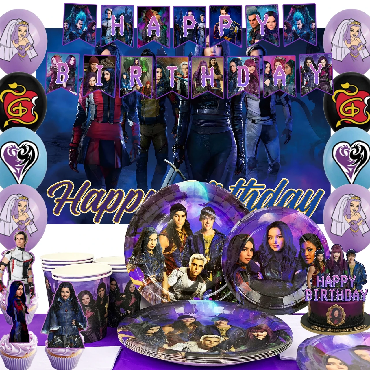 98 pièces de décorations pour fête d'anniversaire Descendants et ensembles de vaisselle pour fête Descendants - Assiettes, nappes, bannières, etc. pour fête d'anniversaire Descendants, fournitures de fête Descendants p
