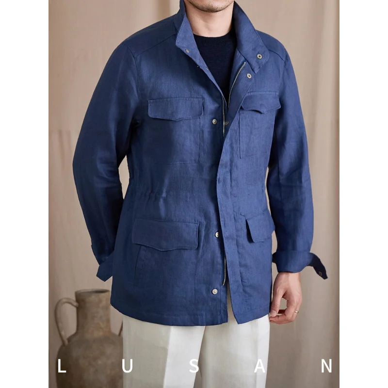 Spring/Summer Slim-Fit Stand-Collar Linen Long-Sleeve Jacket, Casual Breathable Lightweight Hunting Coat for Trendy Men