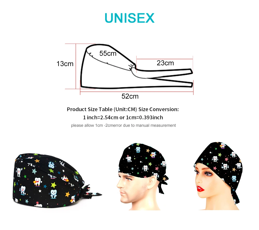 Cute Tooth Pattern Printed Scrub Hats for Dental Beauty Salon and Health Clinic Work Hats