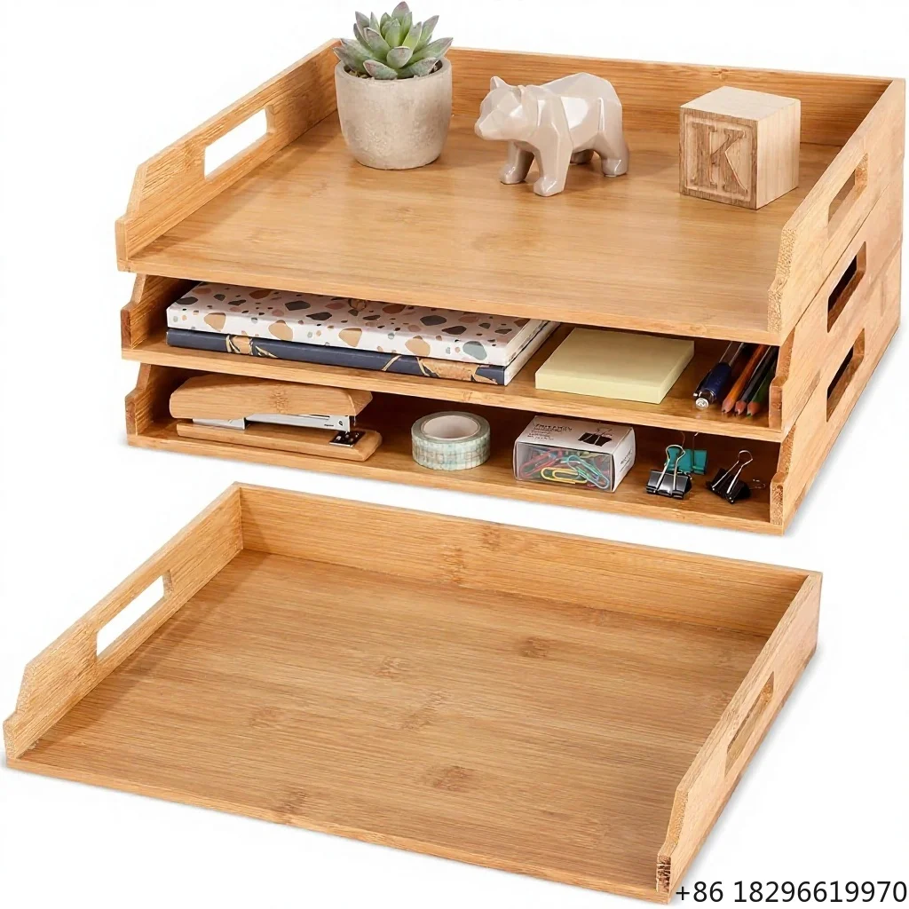 Custom Stackable Bamboo Wood Office Desk Organizer File Holder with 3-Tier Paper Trays for Letters Documents Envelopes Magazines