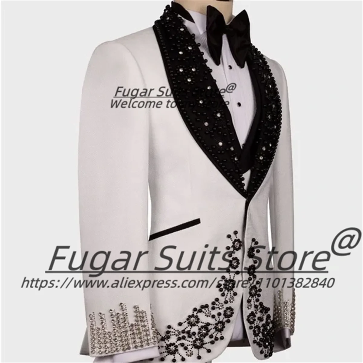 Fashion Luxury Beaded Men Suits Groom Wedding Tuxedos 3 Pieces Sets Shawl Lapel Male Formal Prom Blazers Customized ropa hombre