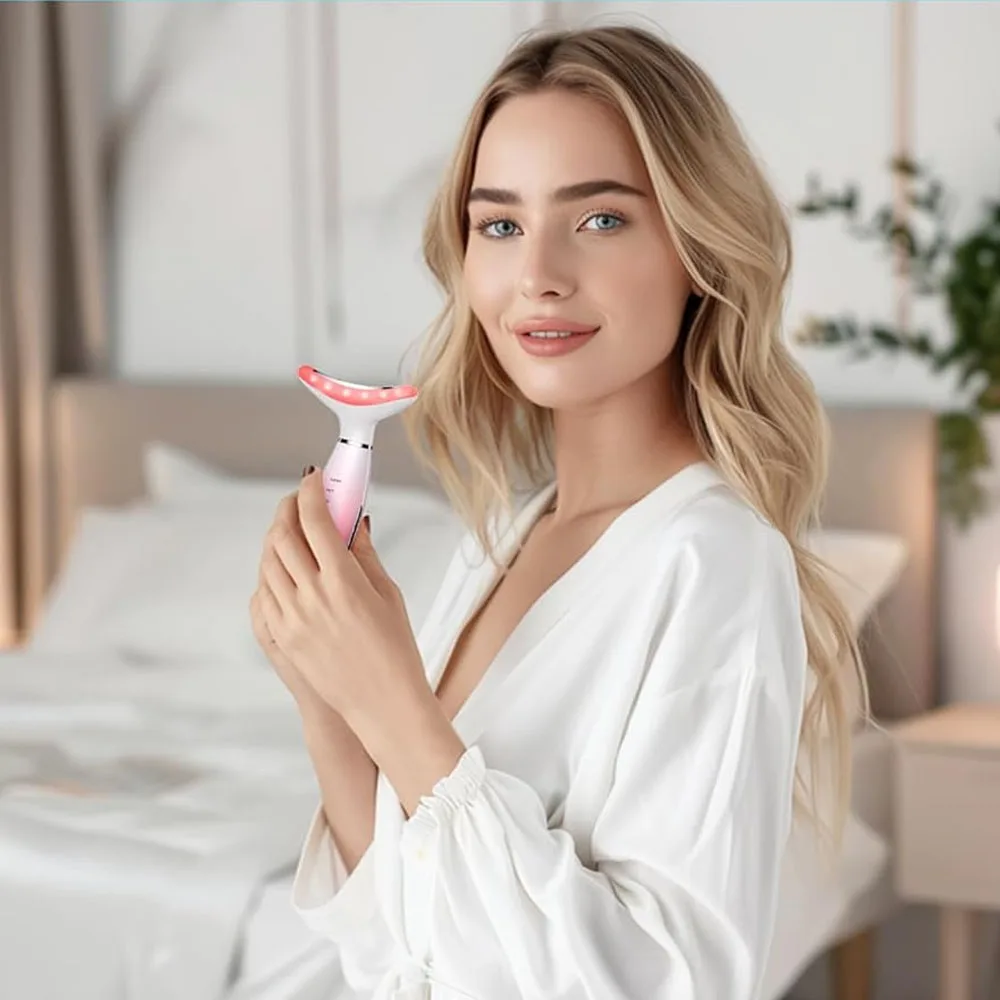 3 in 1 EMS Neck Facial Beauty Device with Thermal Neck Lifting Vibration LED Facial Massager Double Chin Remover Skin Care Tool