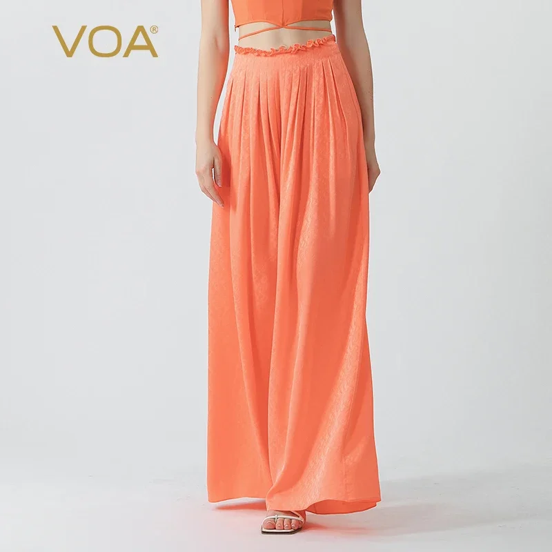 VOA Grapefruit Orange Red Natural Waist Three-dimensional Pleated Side Pockets Dark Pattern Jacquard Silk Long Culottes KE787