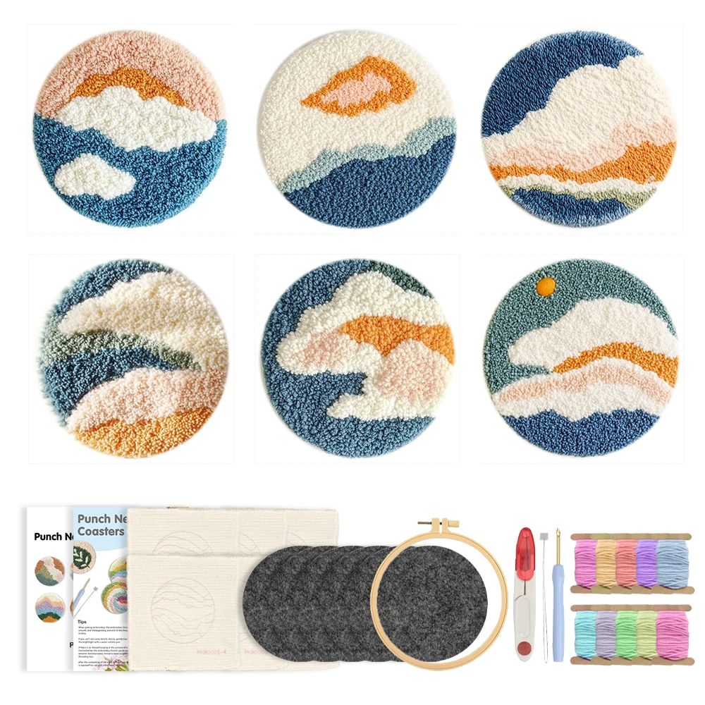 

6pcs/set Punch Needle Landscape Coasters DIY Embroidery Craft Kit Materials Suitable for Beginner Handmade Desktop Home Decor