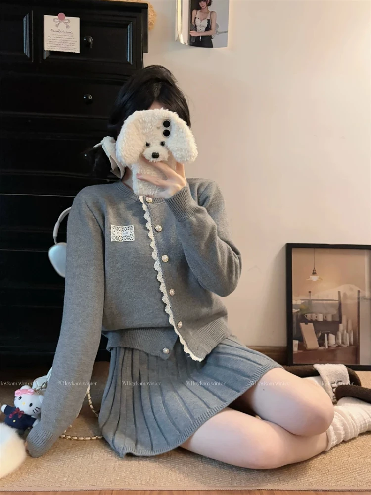

Grey two-piece set French style lace patchwork single breasted top half skirt small fragrance style elegant fashion set