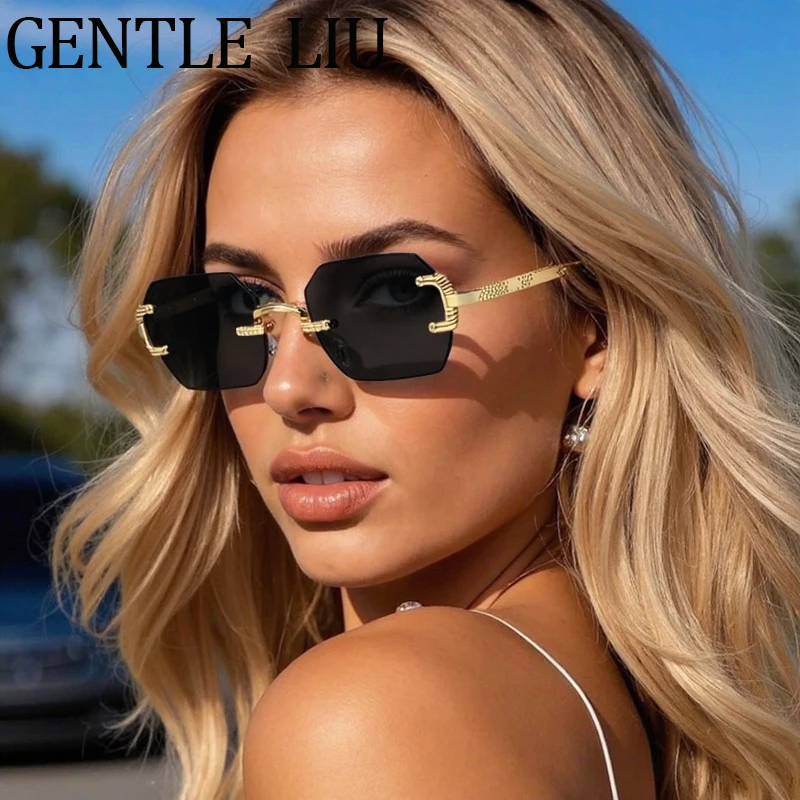 

Rimless Square Sunglasses Women 2025 Luxury Brand Vintage Small Frame Polygon Metal Sun Glasses For Ladies Eyewear UV400 Shades