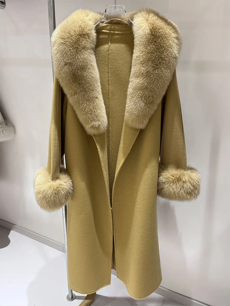2025 Cappotto di vera pelliccia Giacca invernale da donna Collo di pelliccia di volpe naturale Polsini Cashmere Lana Cappotto lungo di lana Capispalla da donna Streetwear