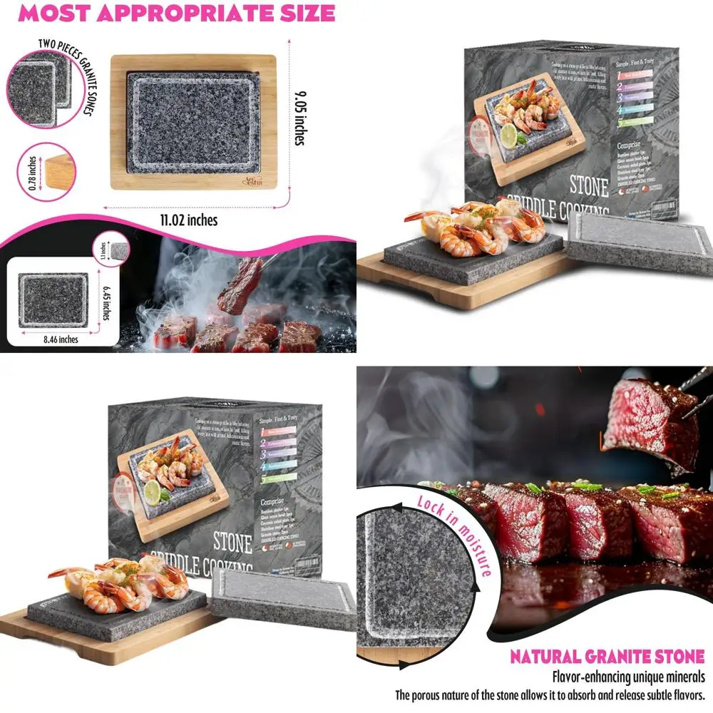

Natural Granite Steak Grilling Set: 2 Sizzling Stones & Bamboo Tray for BBQ, Hibachi & Outdoor Cooking