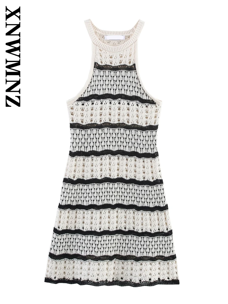 

XNWMNZ 2025 Spring Lady Fashion Sexy Halter O-Collar Knitted mini Dress Chic Simple Summer Female Sleeveless Shoulder Dresses