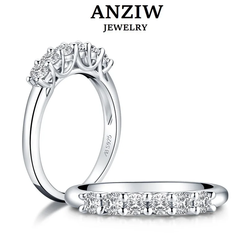 

ANZIW Row Drill Wedding Band Ring 925 Sterling Silver Ring Simulated Diamond Engagement Wedding 6-Stones Band Ring Jewelry