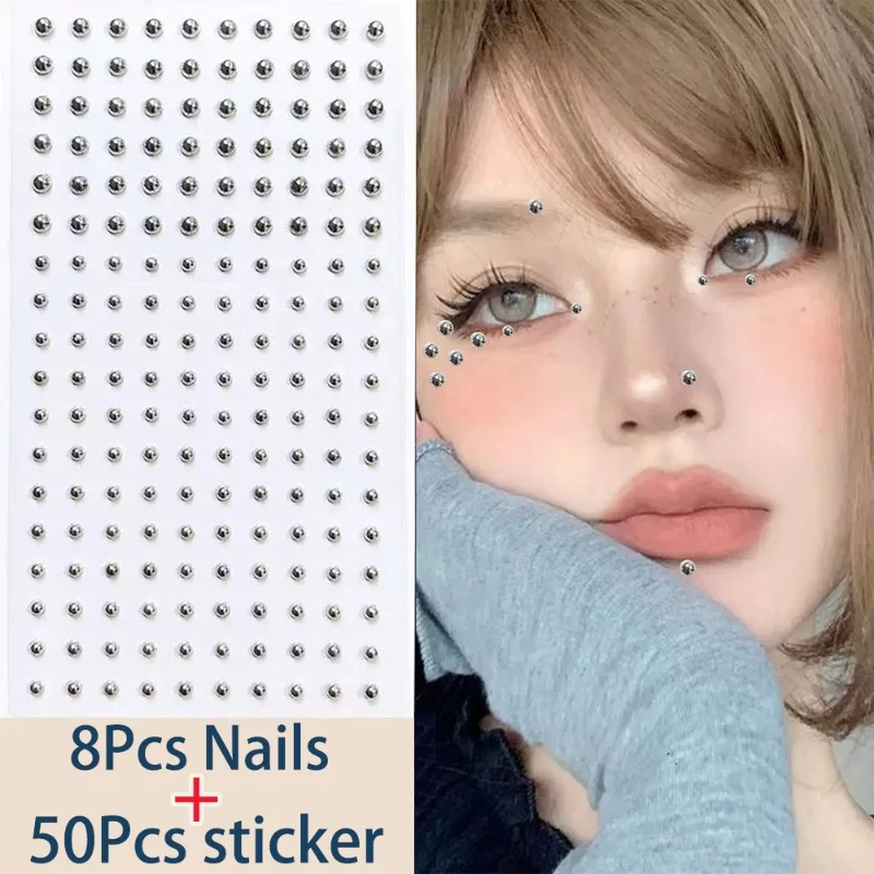 Fake Lip Piercing Stud Sticker Women Men Non Piercied Stainless Steel Nose Nail Simple Silver Color Earring Stud Fashion Gifts