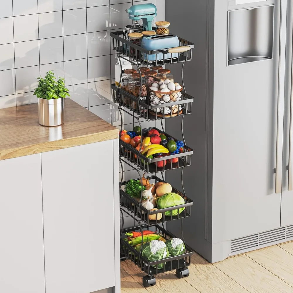 5 Tier Fruit Vegetable Basket for Kitchen, Fruit Vegetable Storage Cart, Vegetable Basket Bins, Wire Storage Basket Organizer