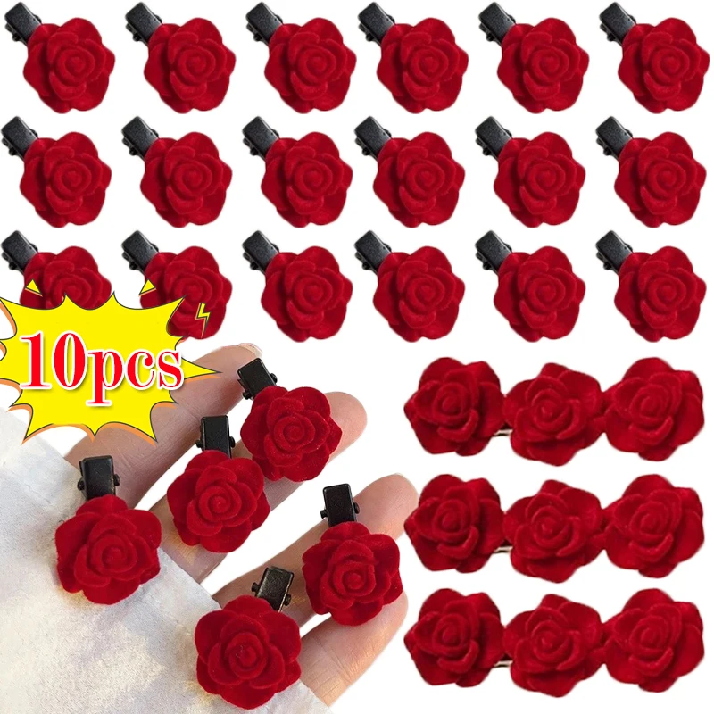 Korean Red Velvet Rose Hair Clips for Women Small Flower Hairpins Girls Elegant Hair Clip Pin Barrettes Wedding Hair Accessories