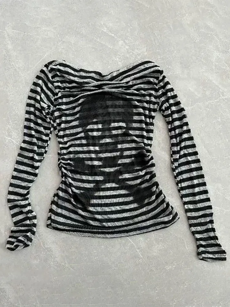 Gothic Vintage Skull Stripe T-shirt Women Off shoulder Top Designer Knitted Basic Long sleeve Tees 2000s Y2k Clothes Fashion New