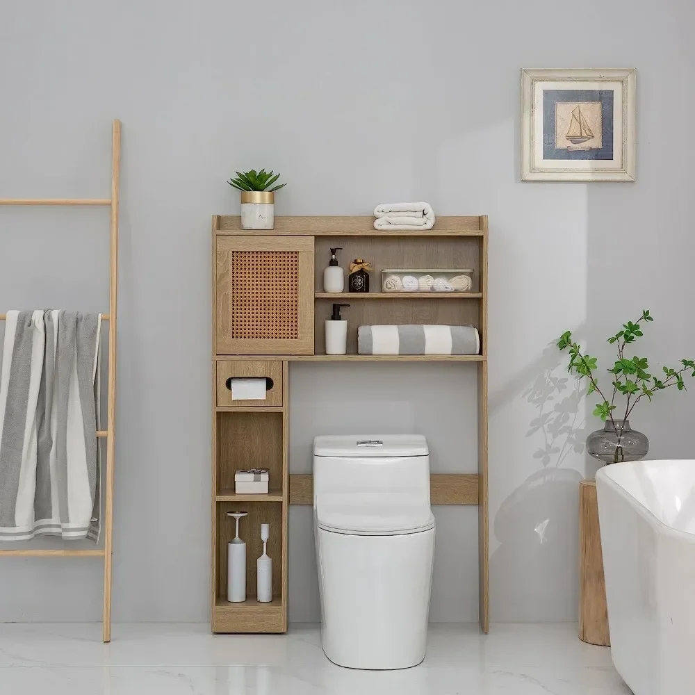 SUNTAGE 6Tier Over The Toilet Storage Cabinet, Freestanding Above Toilet Space Saver Rack w/Adjustable Shelves,(Burlywood)