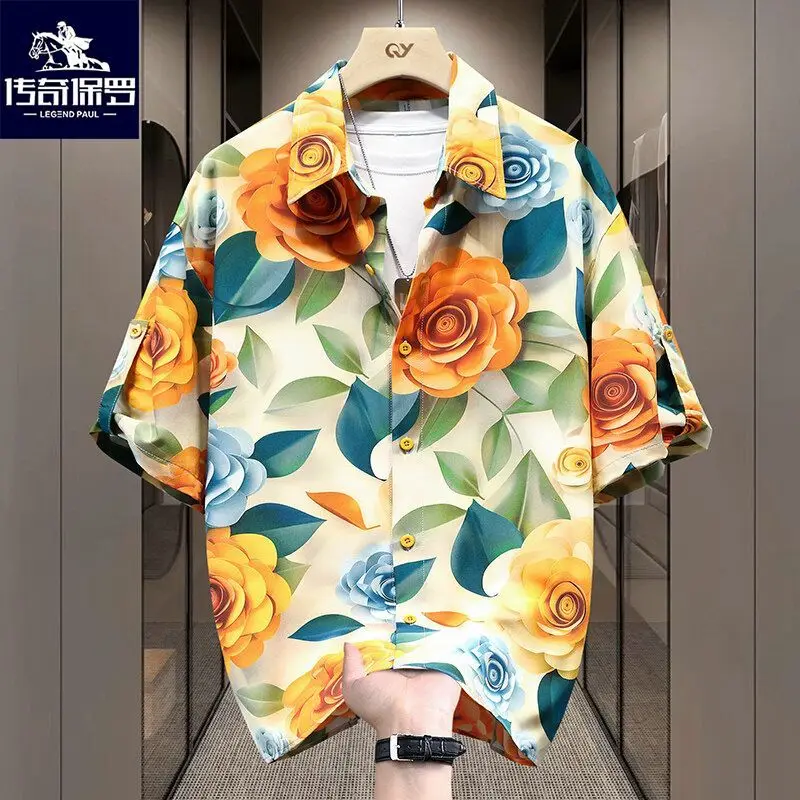

Новая летняя модная красивая рубашка с короткими рукавами и цветочным принтом, мужская облегающая тонкая повседневная рубашка