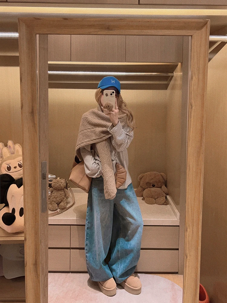 

Джинсы Yukiss Vintage Washed Light Blue Denim Knife Pants, прямые, женские, удобные, с застежкой на пуговицах на талии