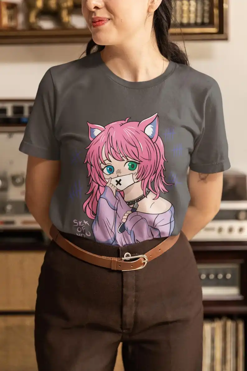 Cat Girl Aesthetic Unisex T-shirt - Japanese Anime Manga Style, Cute Pink-Haired Design, Otaku Apparel, Retro Japan Inspi