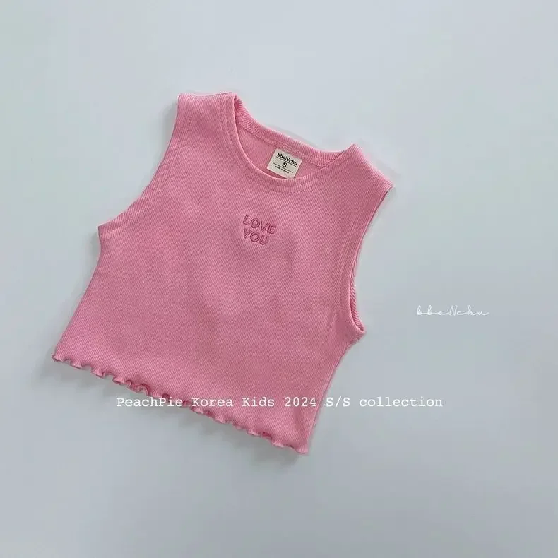 Korea Summer Kids Clothes  Baby Girls Vest Cute Hollow Heart Pink Blue Vest Toddler Fashion Cropped Top Y2k Tee Tops 80-130cm