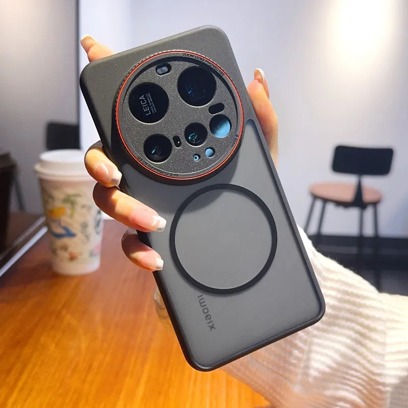 

Black Armor Magnetic Attraction Case For Xiaomi 15 Ultra 14 Ultra Fundas Red Camera Lens Frame Acrylic Translucent Matte Cover