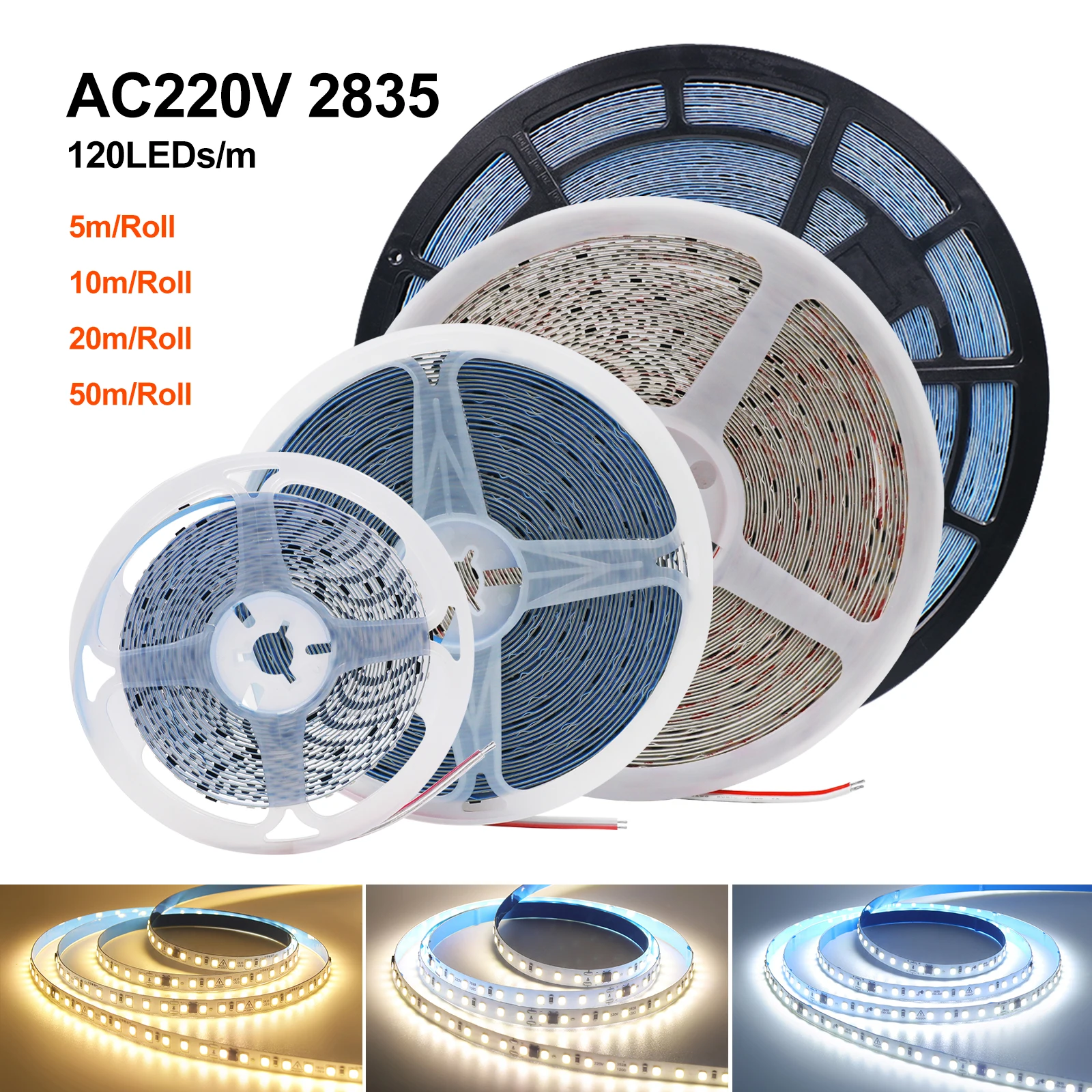 10M 20M 50M/Roll 2835 LED Strip AC220V-240V 120LEDs/M  High Brightness Flexible Ribbon Rope Lights Kitchen Home Decor 9 Colors