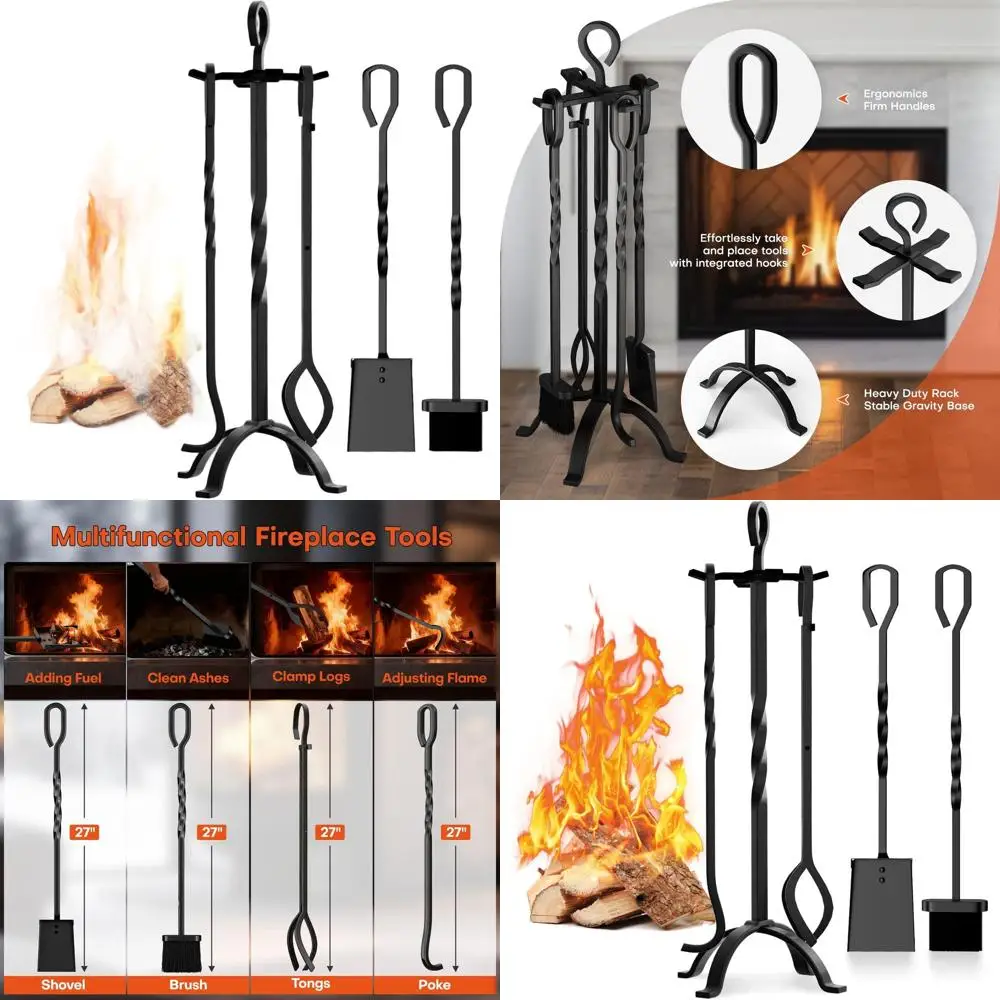 

32-Inch Black Wrought Iron 5-Piece Fireplace Tool Set with Ergonomic Handle for Indoor and Outdoor Use
