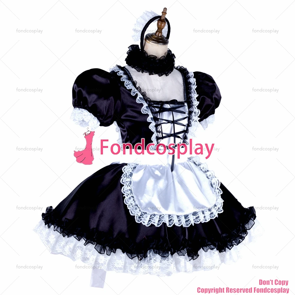 fondcosplay adult sexy cross dressing sissy maid short lockable black Satin dress Uniform white apron costume CD/TV[G1998]