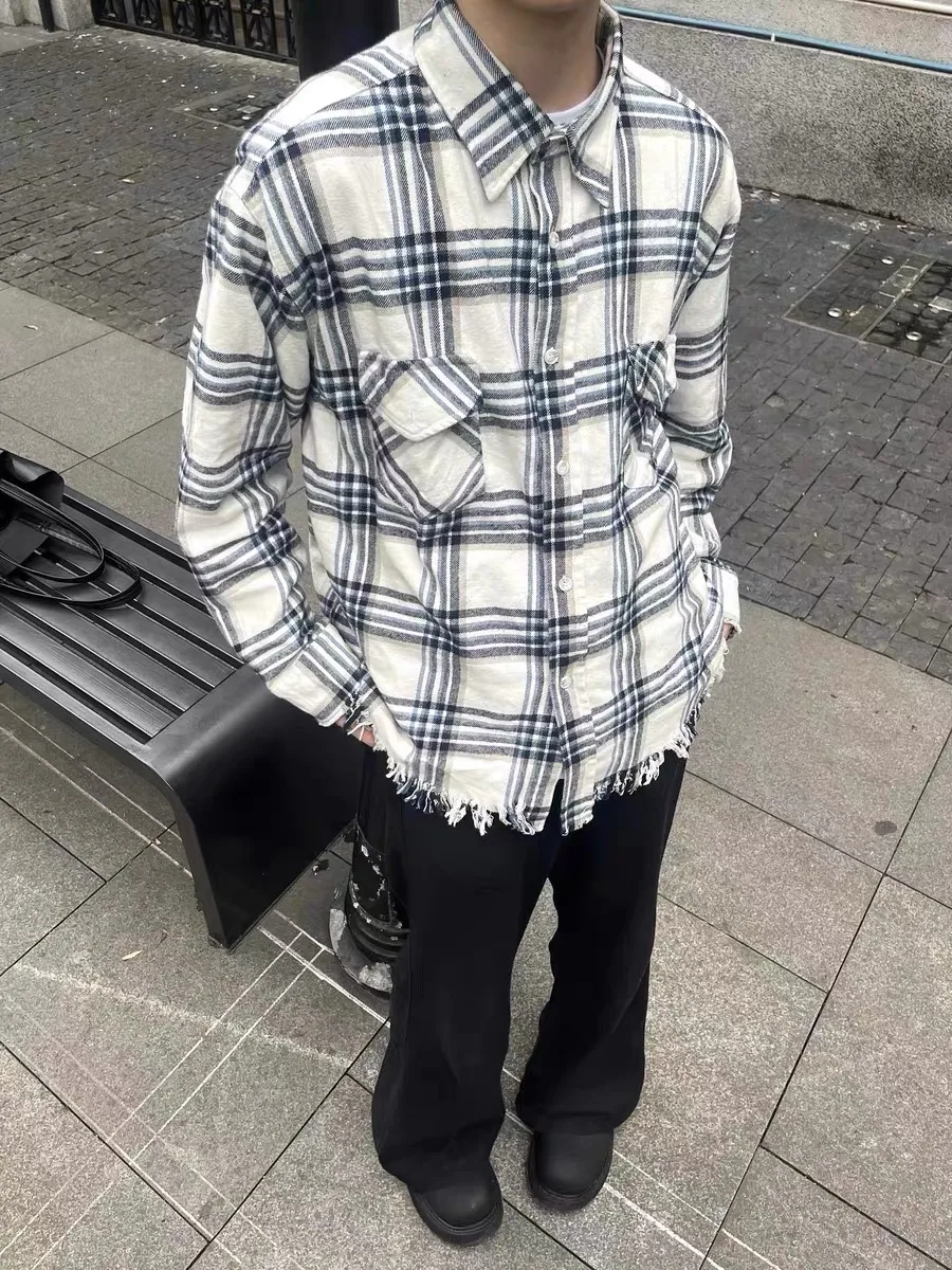 

Retro American Tassel Destroyed Plaid irt Men's Casual Loose Fit Youth Faion Autumn Wear Resistant Long Sve Cotton Blend