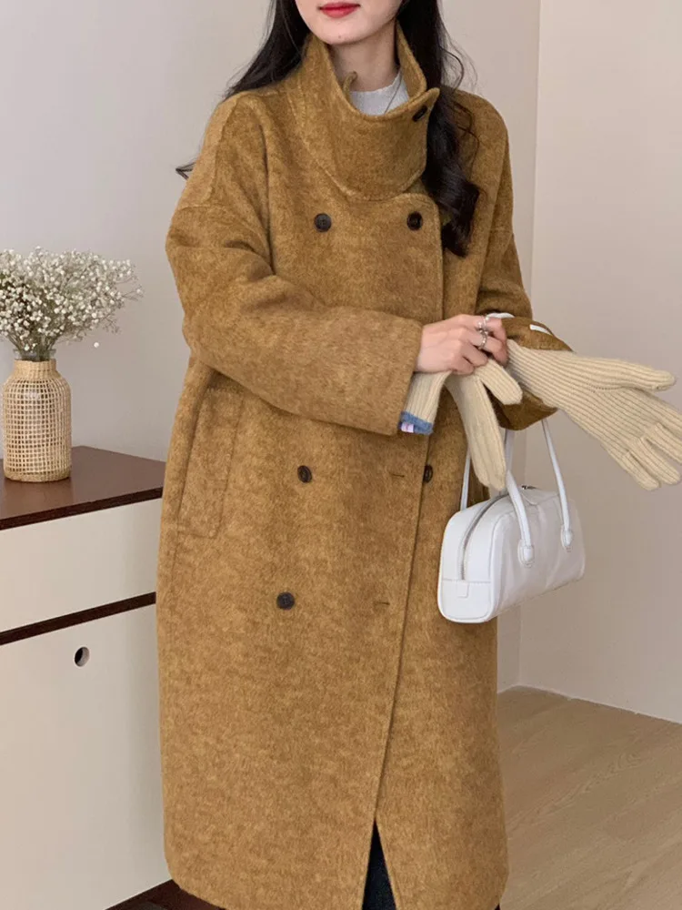 ZMEENNA レディース エレガント ブラウン ウール ブレンド ロング コート スタンドカラー 非対称ボタン 冬 アウター シック マキシ丈 ZM3435