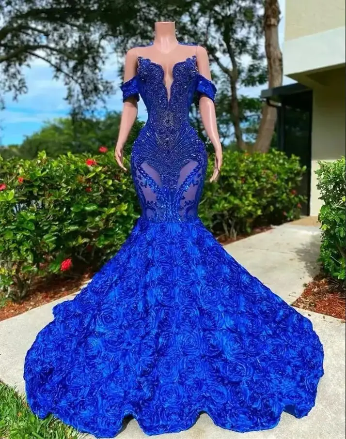 Royal Blue Mermaid Prom Dress 2023 For Black Girls Mesh Glitter Sequins Ruffle Crystal Off Shoulder Party Gown Robe De Bal