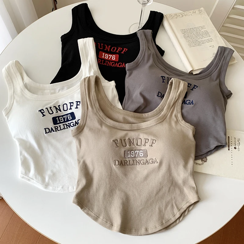 Women Summer Cotton Embroidery Letters Camisole T Fashion Slim Fit Outwear Gril's Y2k Tank Vest Crop Top With Bra Pad