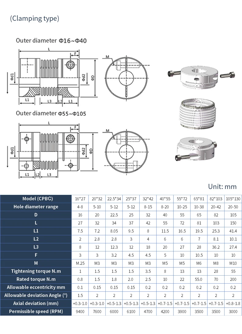 Faltenbalg Kupplung Schritt Servomotor Schraube Aluminium Legierung Clamp Frühling Elastische Hohe Drehmoment Koppler CPBC-40x55 CNC Teile – Detail 3