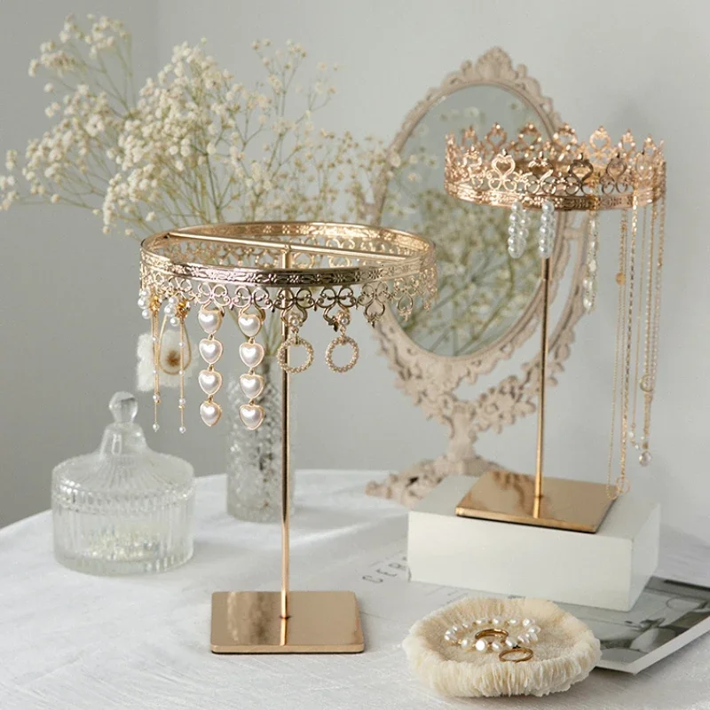 Light luxury retro style crown necklace earrings storage display shelf rotatable jewelry display props shooting props