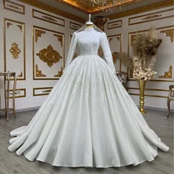 Customized Graceful Handwork Pearls Long Sleeves Wedding Dresses Vestidos De Novia Ballgown High Neck Muslim Bridal Gown