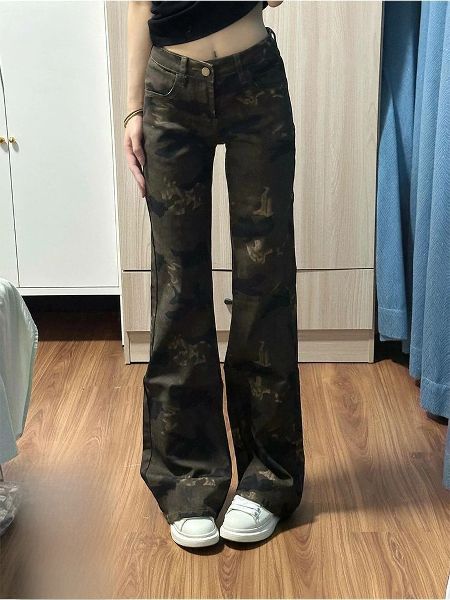 

plus Size Vintage American Style Camouflage Skinny Jeans Women's Summer New Thin Hanging Sensation Bell Bottoms Casual High W...