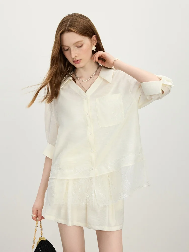 

Vivian Fan Si Lan En Bamboo Fiber Lace Patchwork Shirt Shorts Two-Piece Set Women Summer Versatile Ensemble 2685