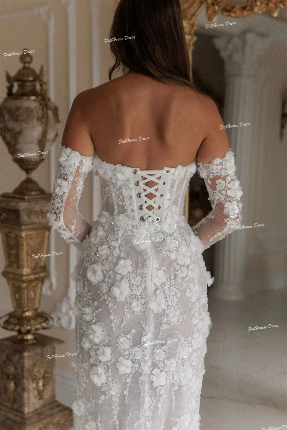 Personalizado gracioso 3/4 manga barco colarinho 3d floral renda vestido de casamento longo fenda lateral rendas até voltar vestido de noiva para festa